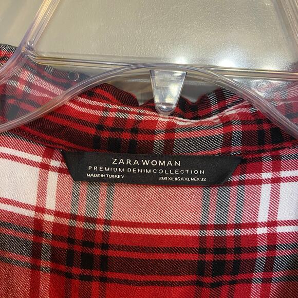 ZARA Women's Size XL Red Black White Plaid Twist Front Button Down Midi Dress - Picture 4 of 12